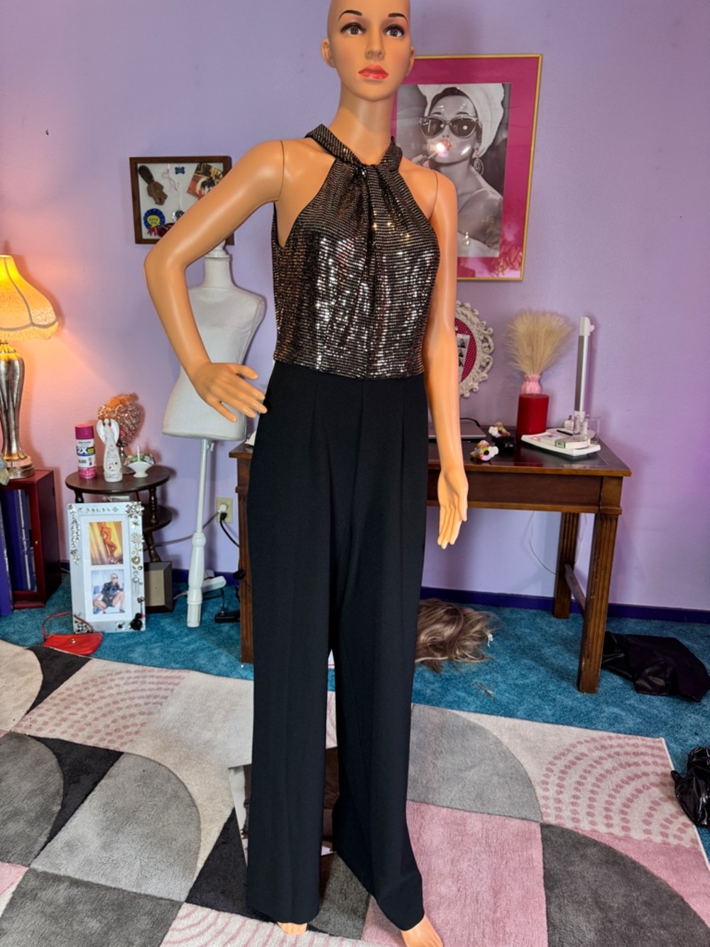 Sequin Halter Jumpsuit in Black and Bronze Gold